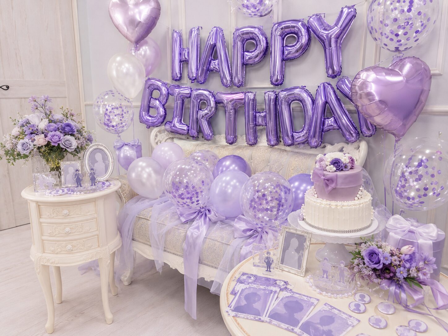 紫色のHAPPY BIRTHDAYのバルーン
