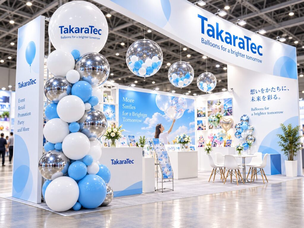 企業の名前の入ったバルーンで装飾された展示会ブース