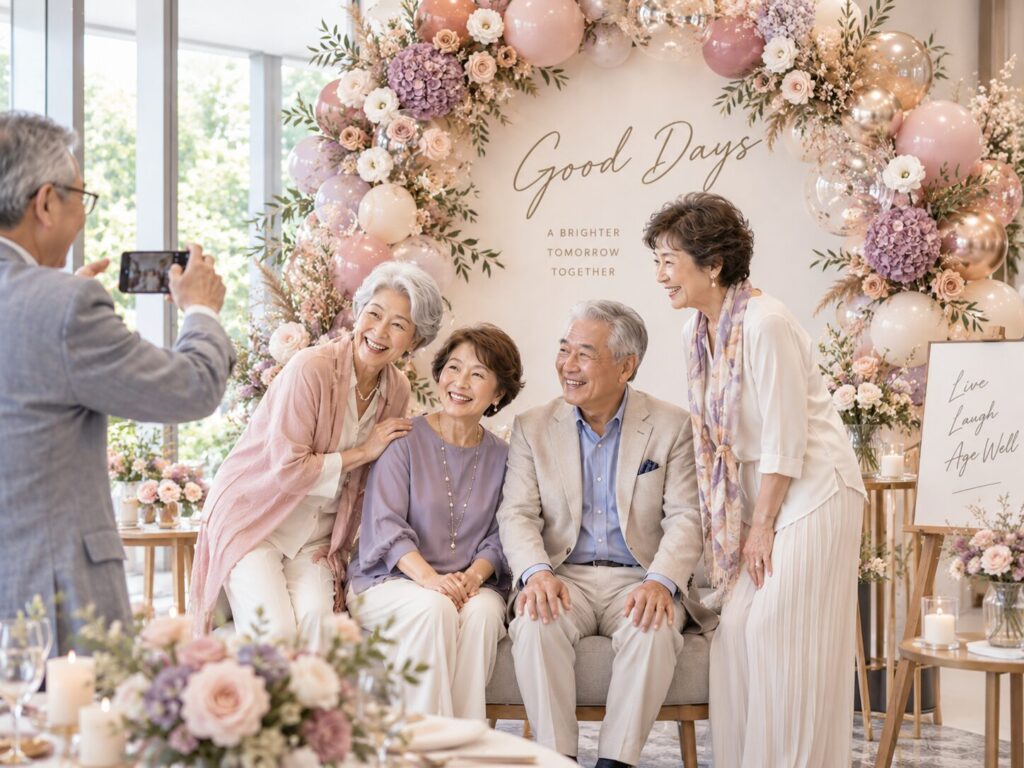 バルーンで装飾の前で写真撮影をする老人