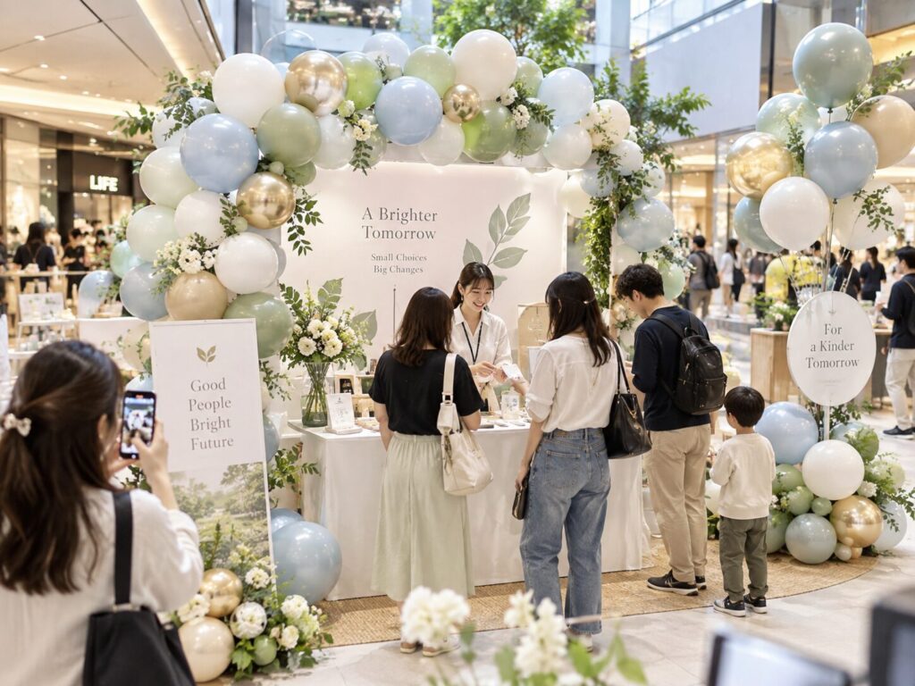 バルーンアーチやバルーンタワーで装飾されたイベント会場