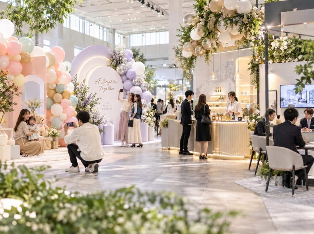 パステルカラーのバルーンで装飾されたイベント会場
